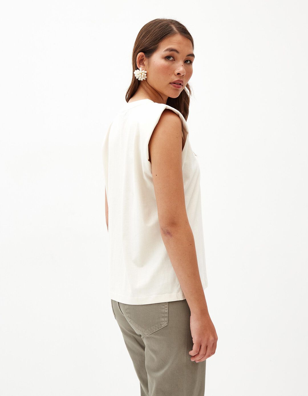 T-shirt com Ombreiras, Mulher, Bege Claro