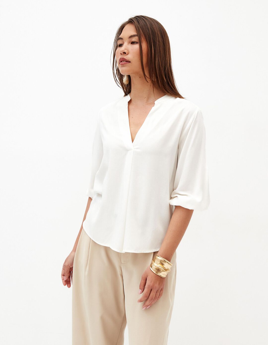 Blusa Decote em V, Mulher, Bege Claro