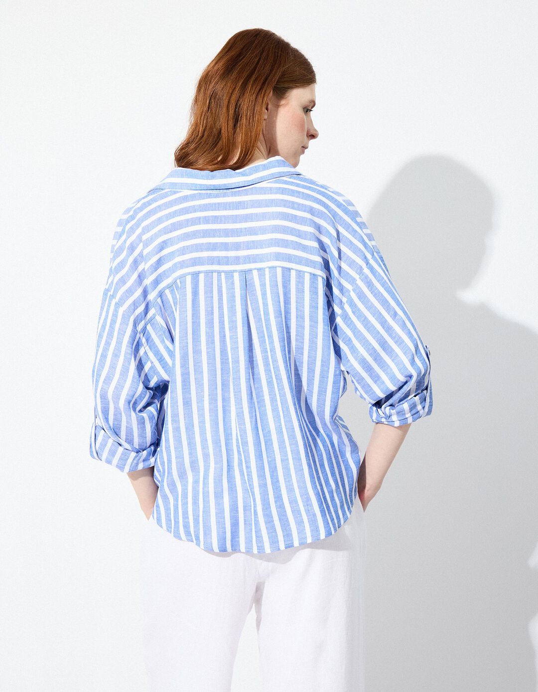 Blusa Riscas com Linho, Mulher, Azul