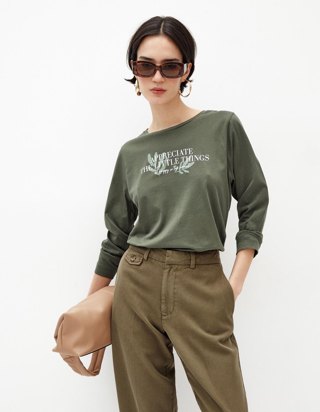 T-shirt de Manga Comprida Estampado, Mulher, Verde Escuro
