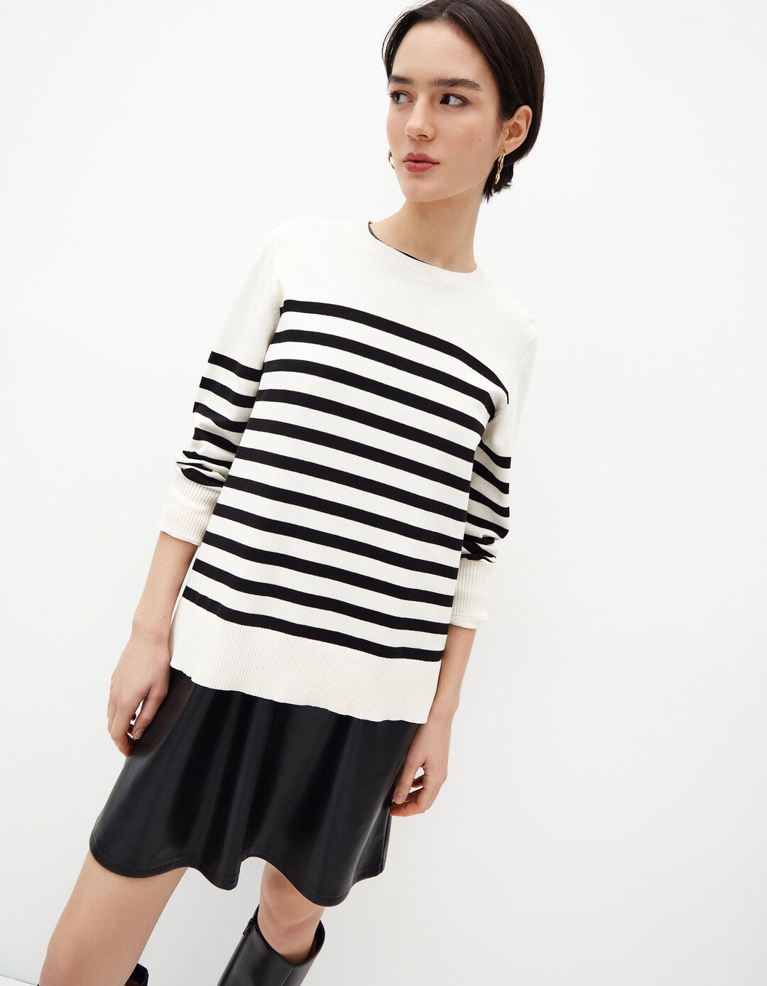 Camisola Riscas de Malha Fina, Mulher, Bege Claro