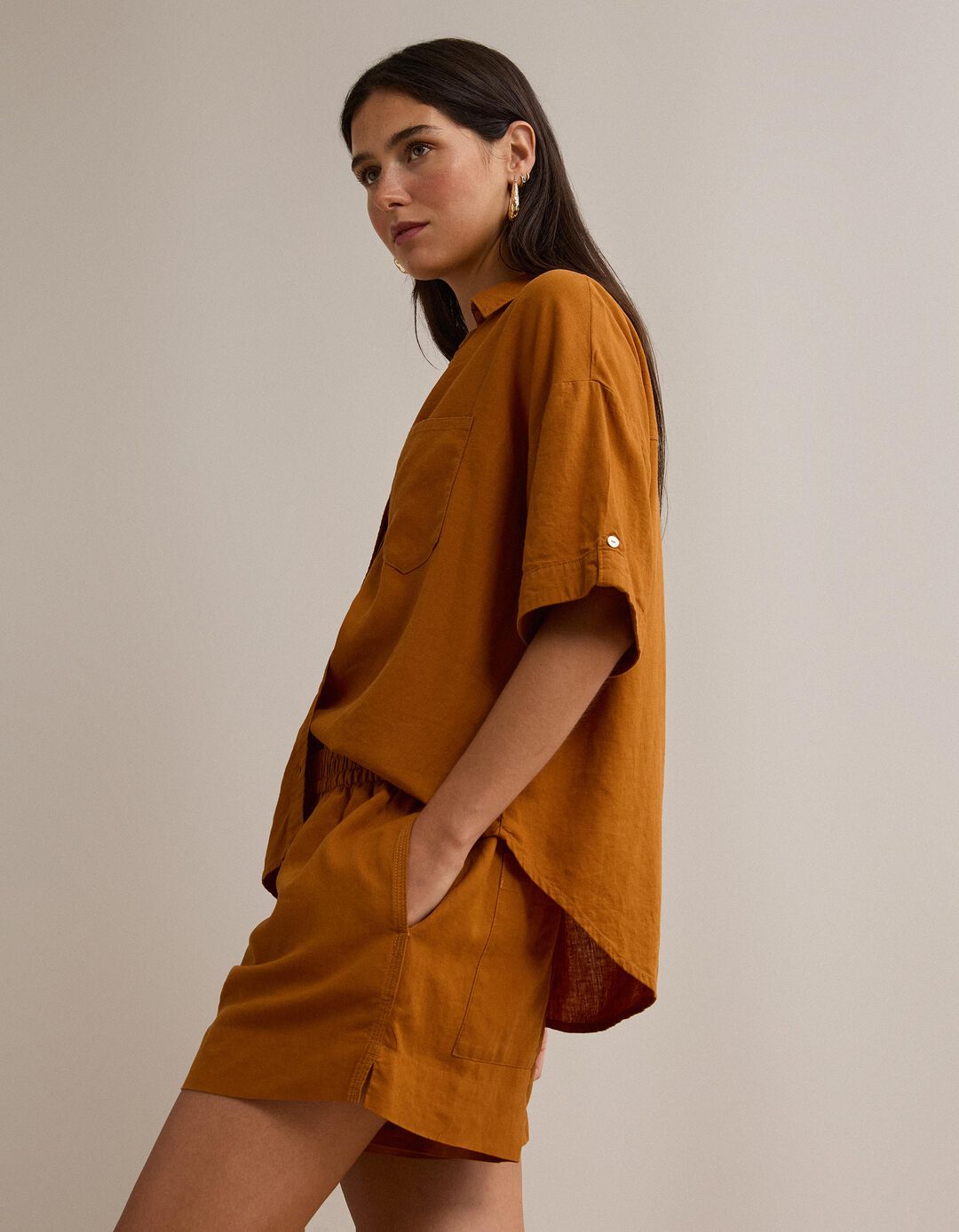 Blusa com linho, Mulher, Castanho Claro 