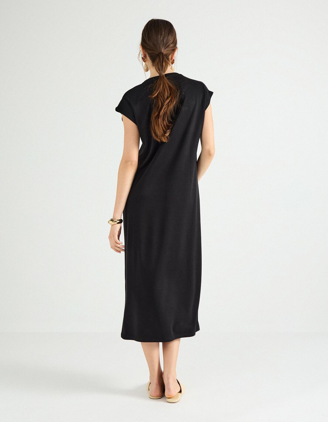 Vestido Comprido com Decote em V, Mulher, Preto