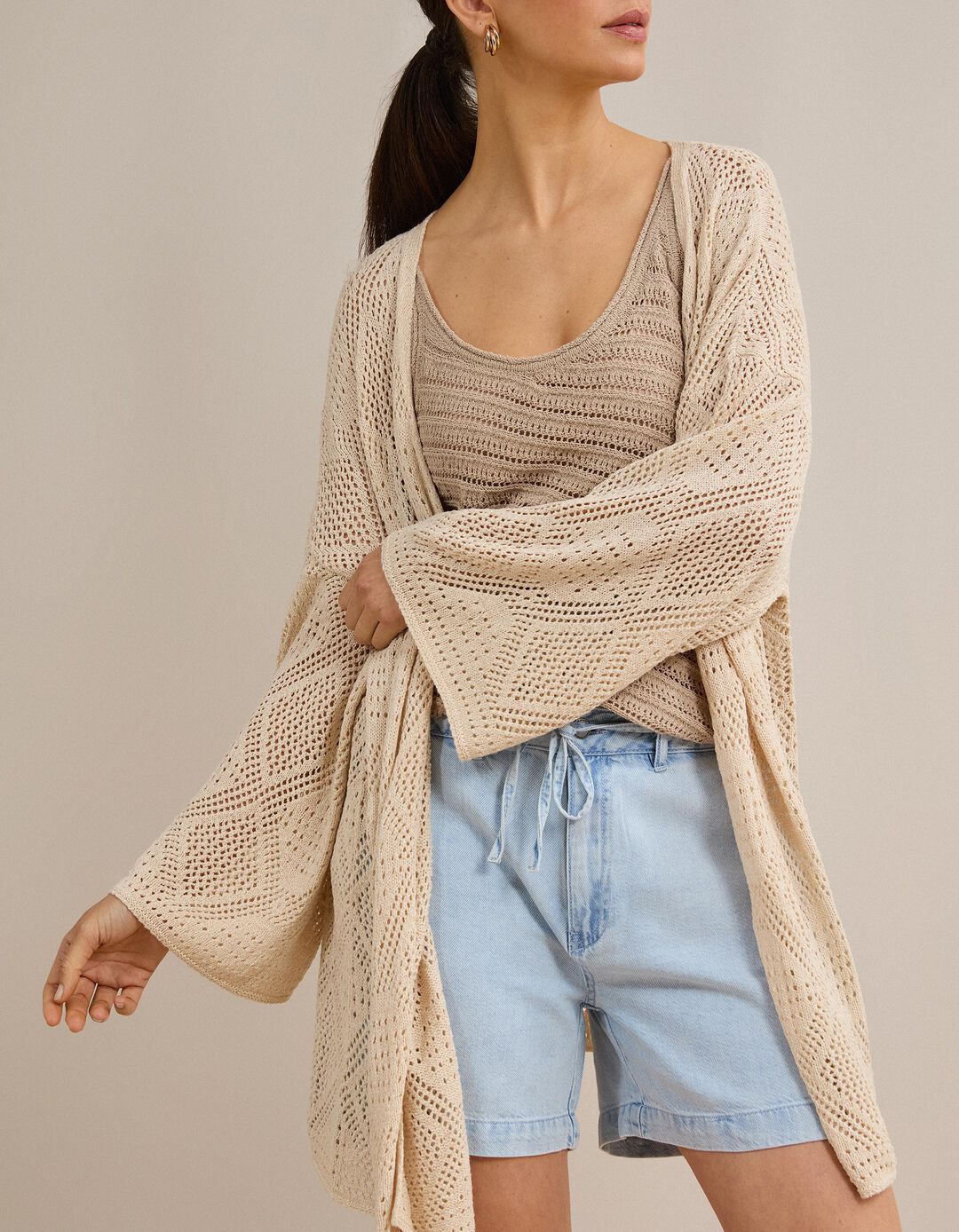 Casaco Kimono, Mulher, Bege Claro
