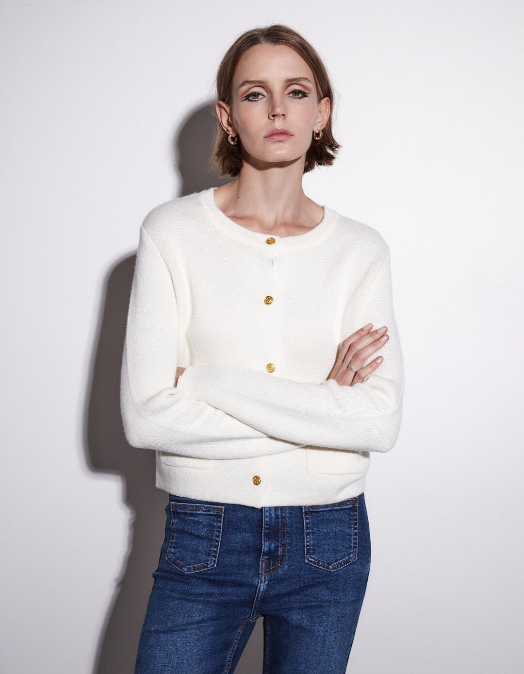 Casaco Mistura de Lã Botões Dourados, Mulher, Branco