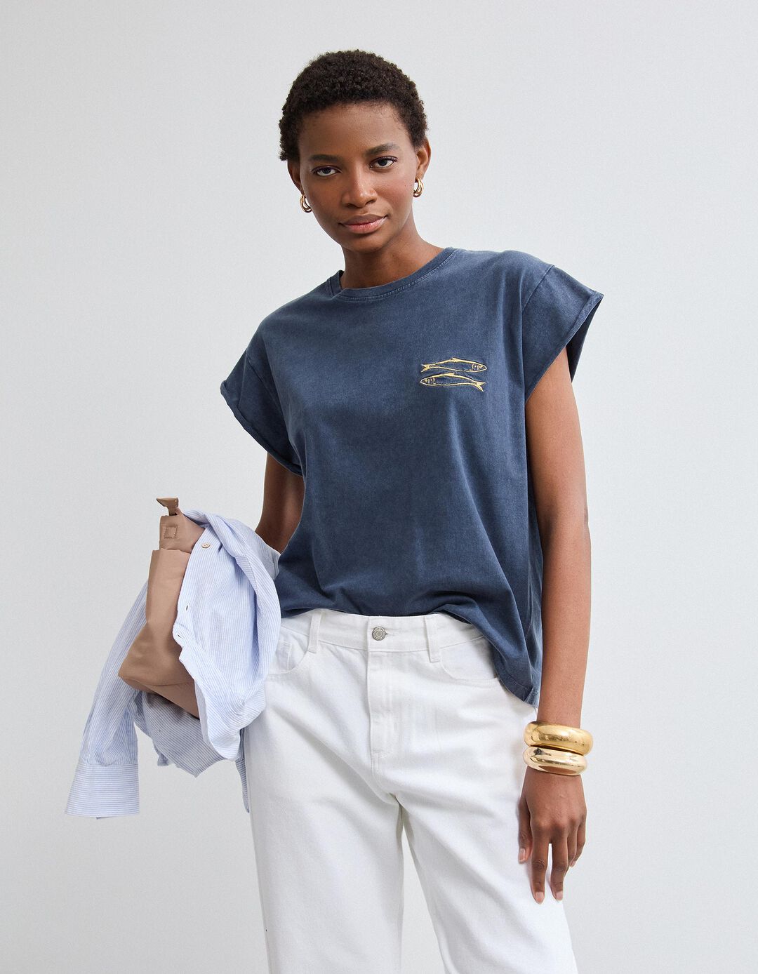 T-shirt Bordado, Mulher, Azul Escuro