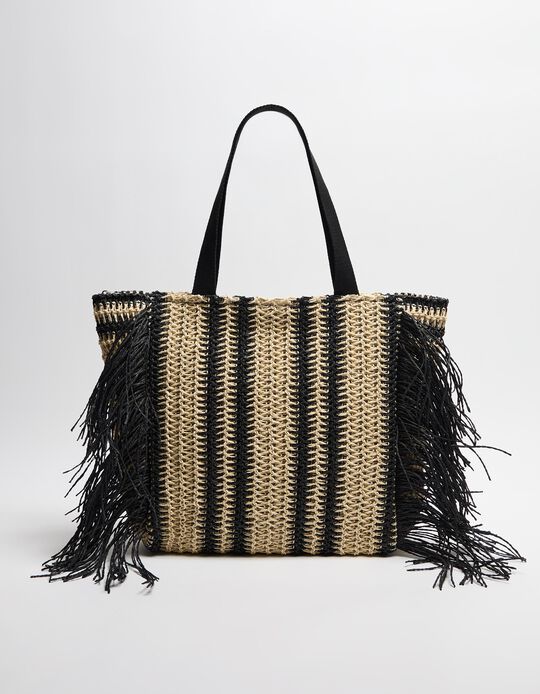 Comprar Online Mala de Praia com Franjas, Mulher, Preto 