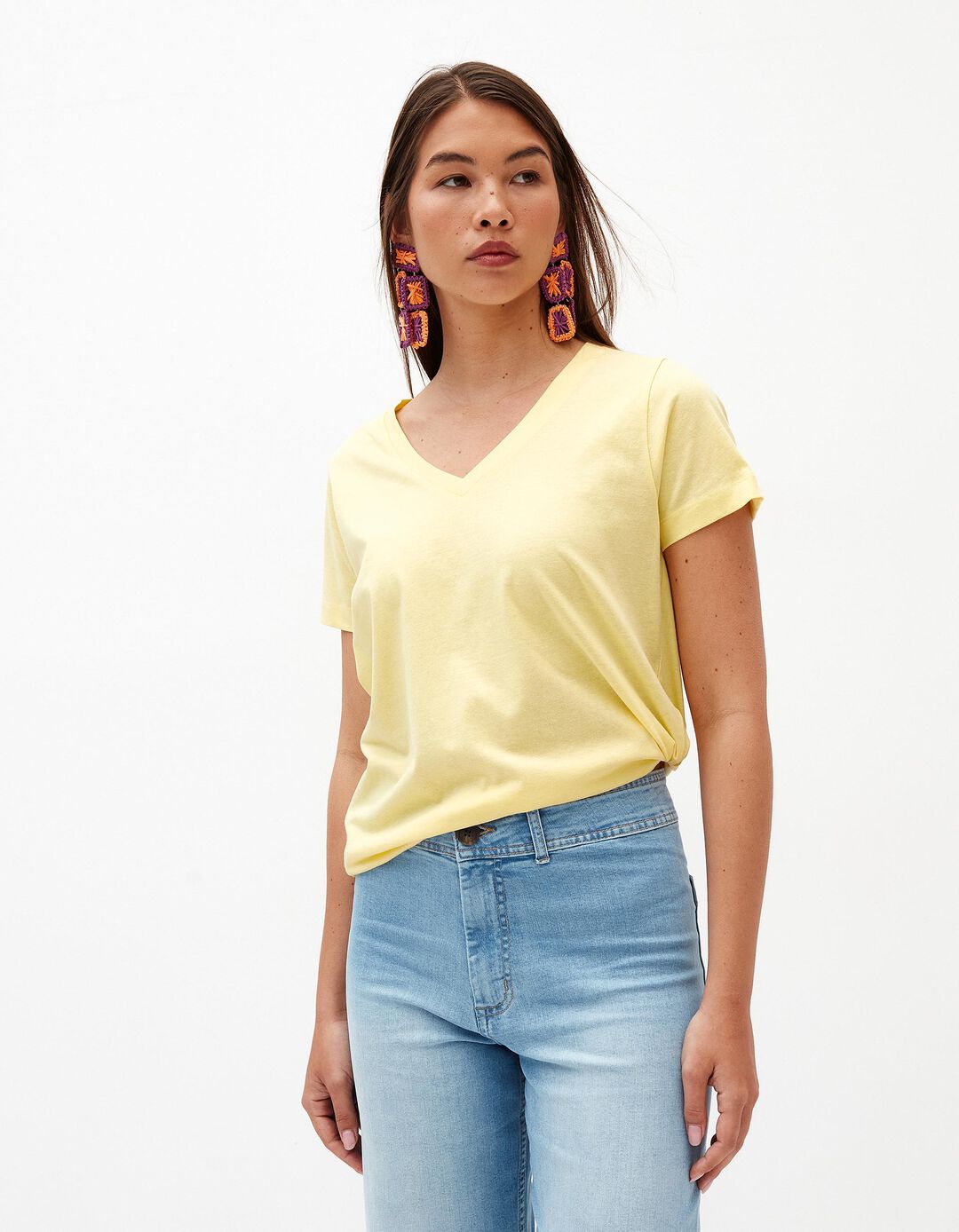T-shirt Decote em V, Mulher, Amarelo Claro