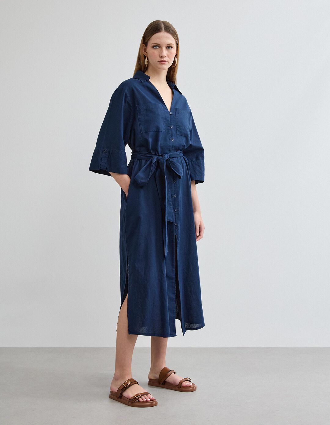 Vestido com Linho, Mulher, Azul Escuro