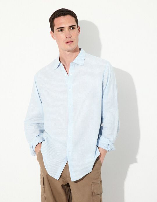 Comprar Online Camisa Riscas com Linho, Homem, Azul Claro