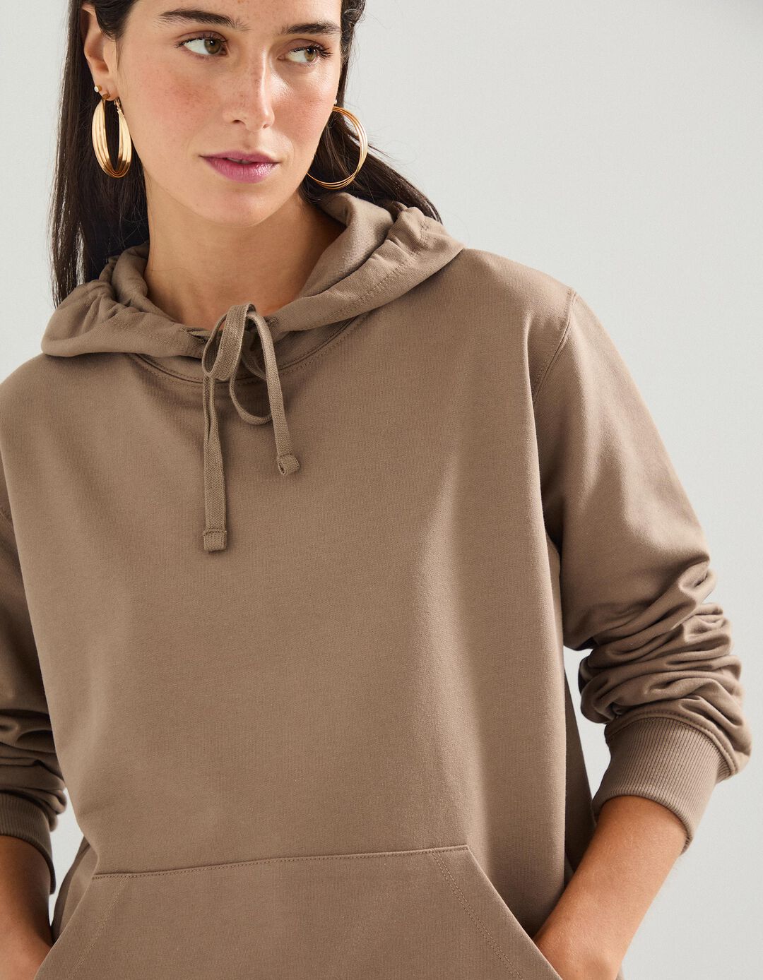 Sweatshirt com Capuz, Mulher, Bege Escuro