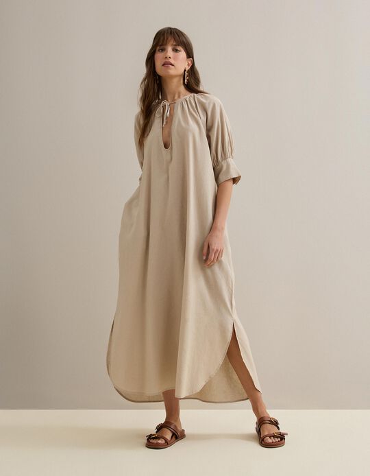Comprar Online Vestido com Linho, Mulher, Bege