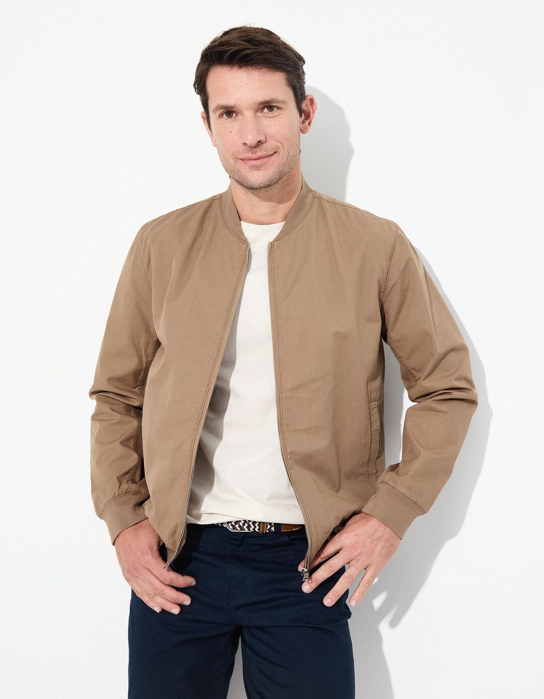 Casaco Bomber com Linho, Homem, Bege 