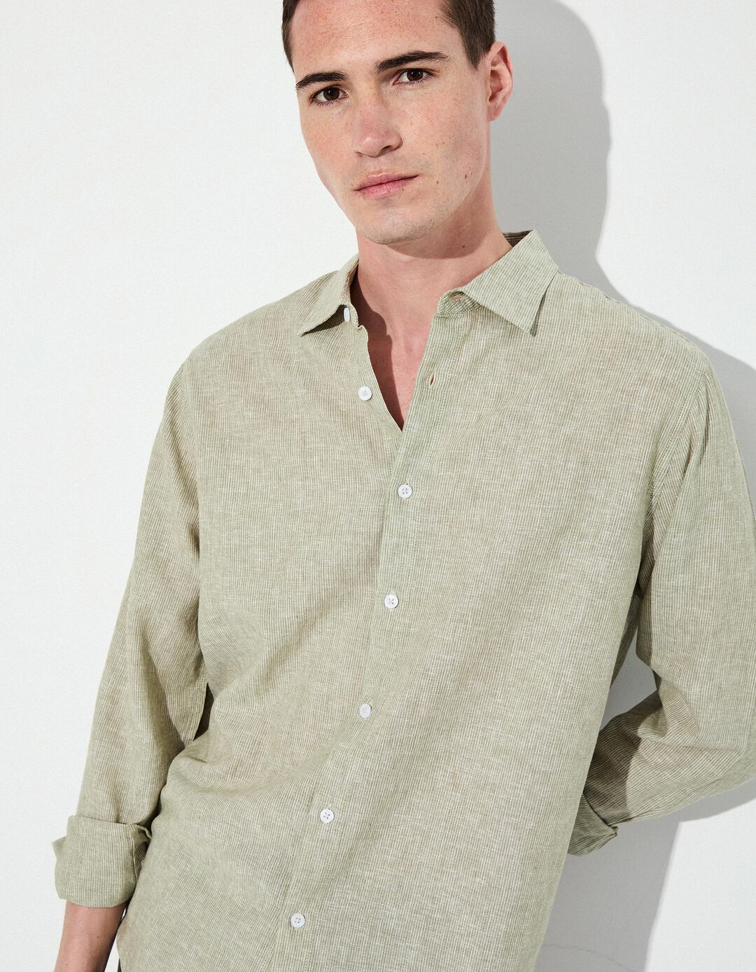 Camisa com Linho, Homem, Verde Escuro