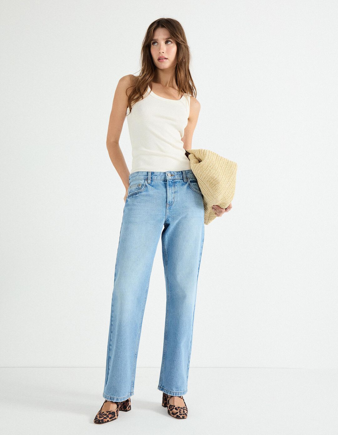 Calças de Ganga 'Straight Fit', Mulher, Azul Claro