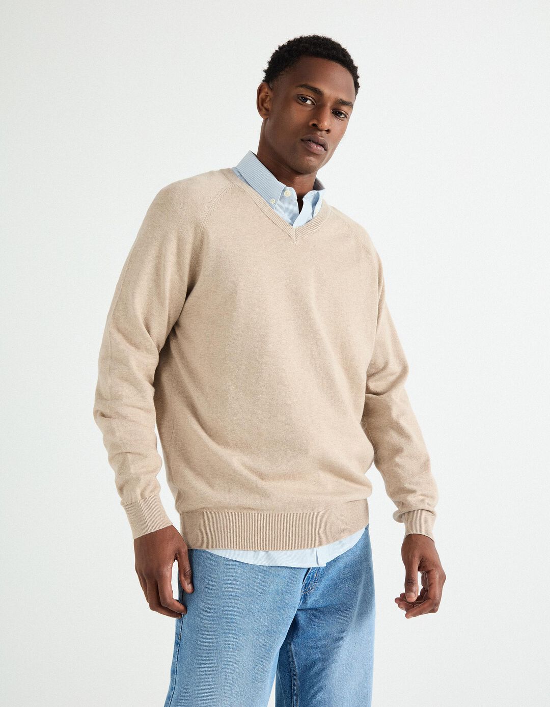 Camisola de Malha Decote em V, Homem, Bege Claro