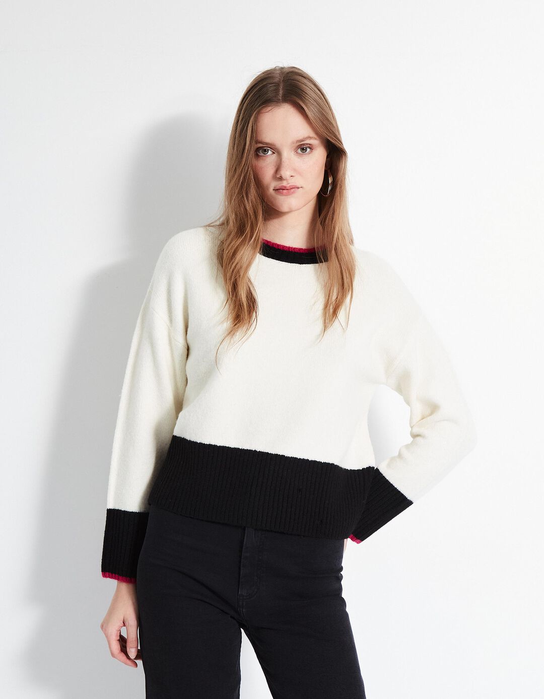 Camisola de Malha Blocos de Cor Mistura de Lã, Mulher, Bege Claro 