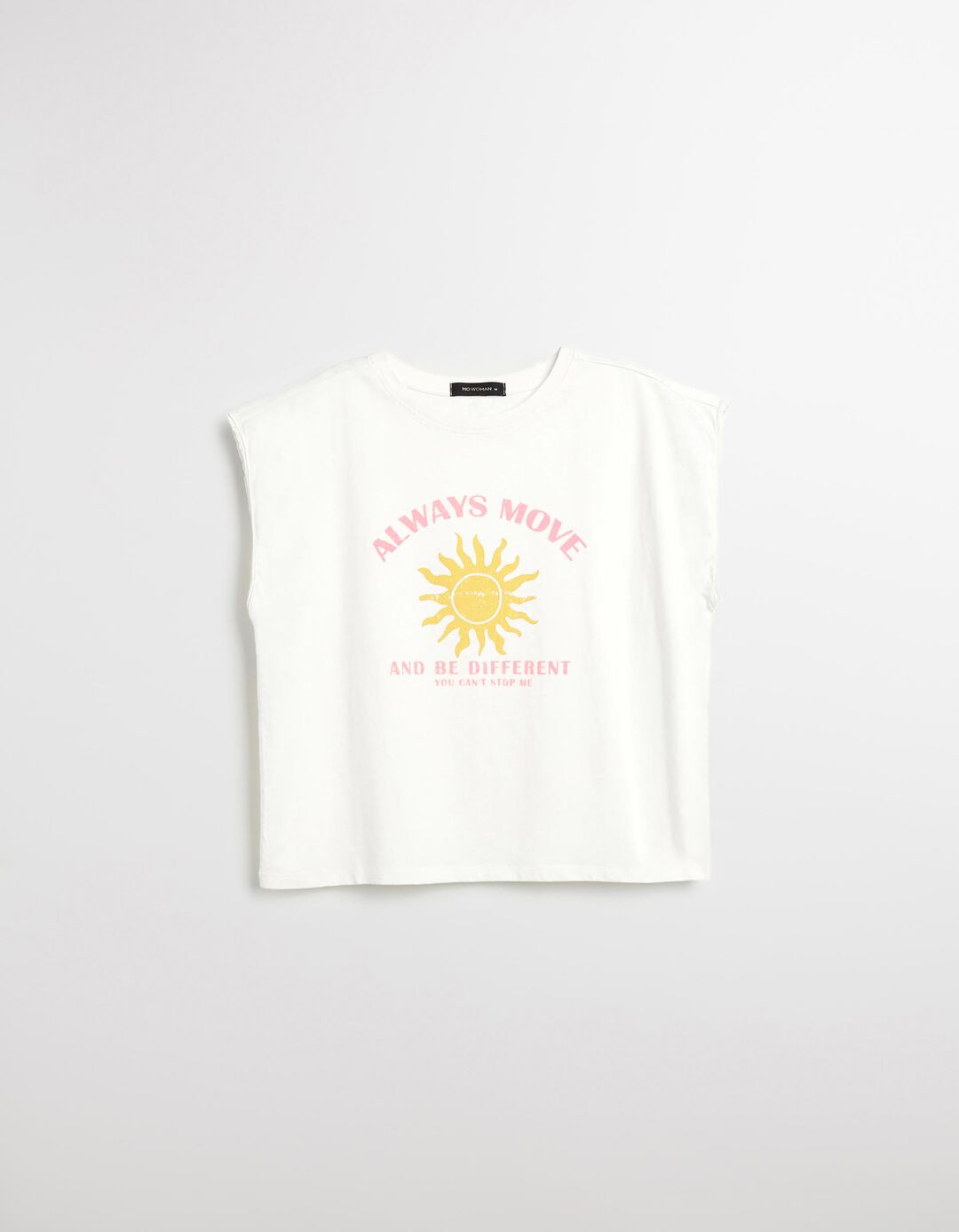 T-shirt Print sem Mangas, Mulher, Bege Claro 
