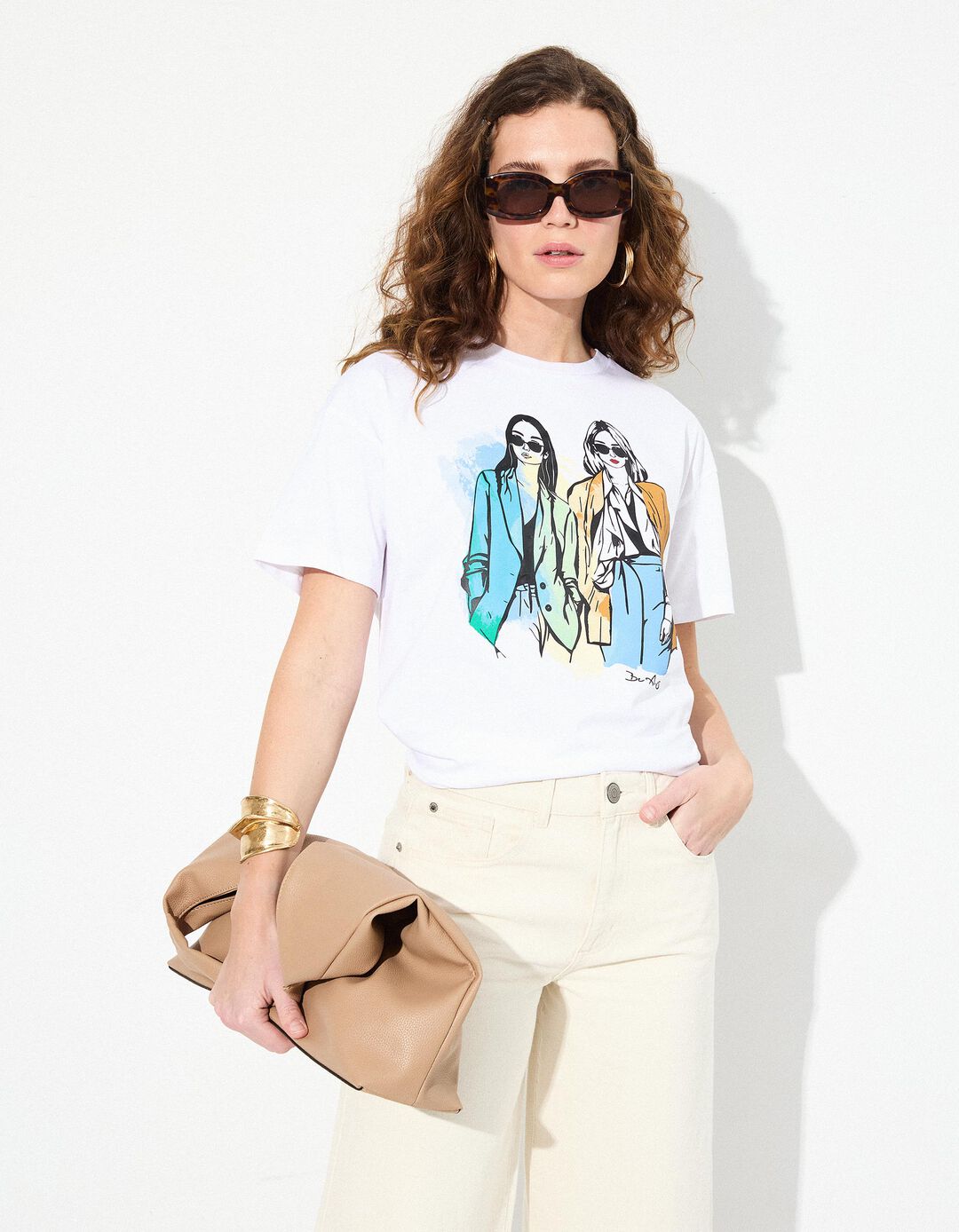 T-shirt com Ilustração, Mulher, Branco