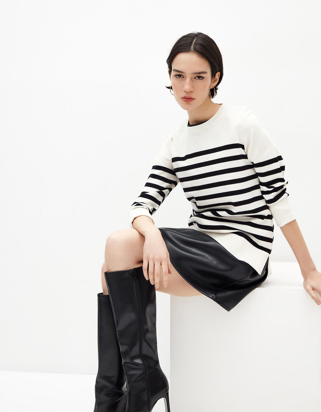 Camisola Riscas de Malha Fina, Mulher, Bege Claro