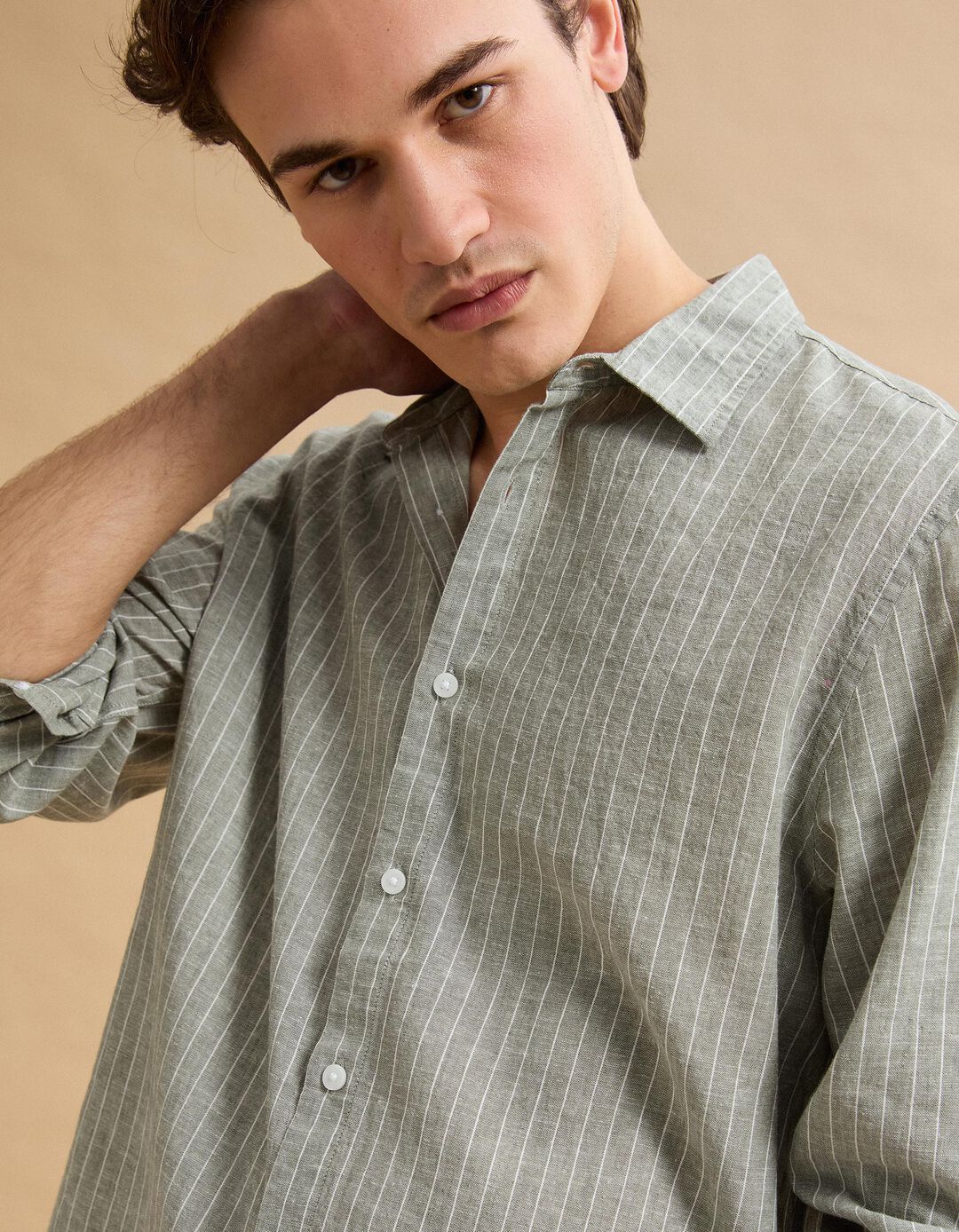 Camisa Riscas com Linho, Homem, Verde