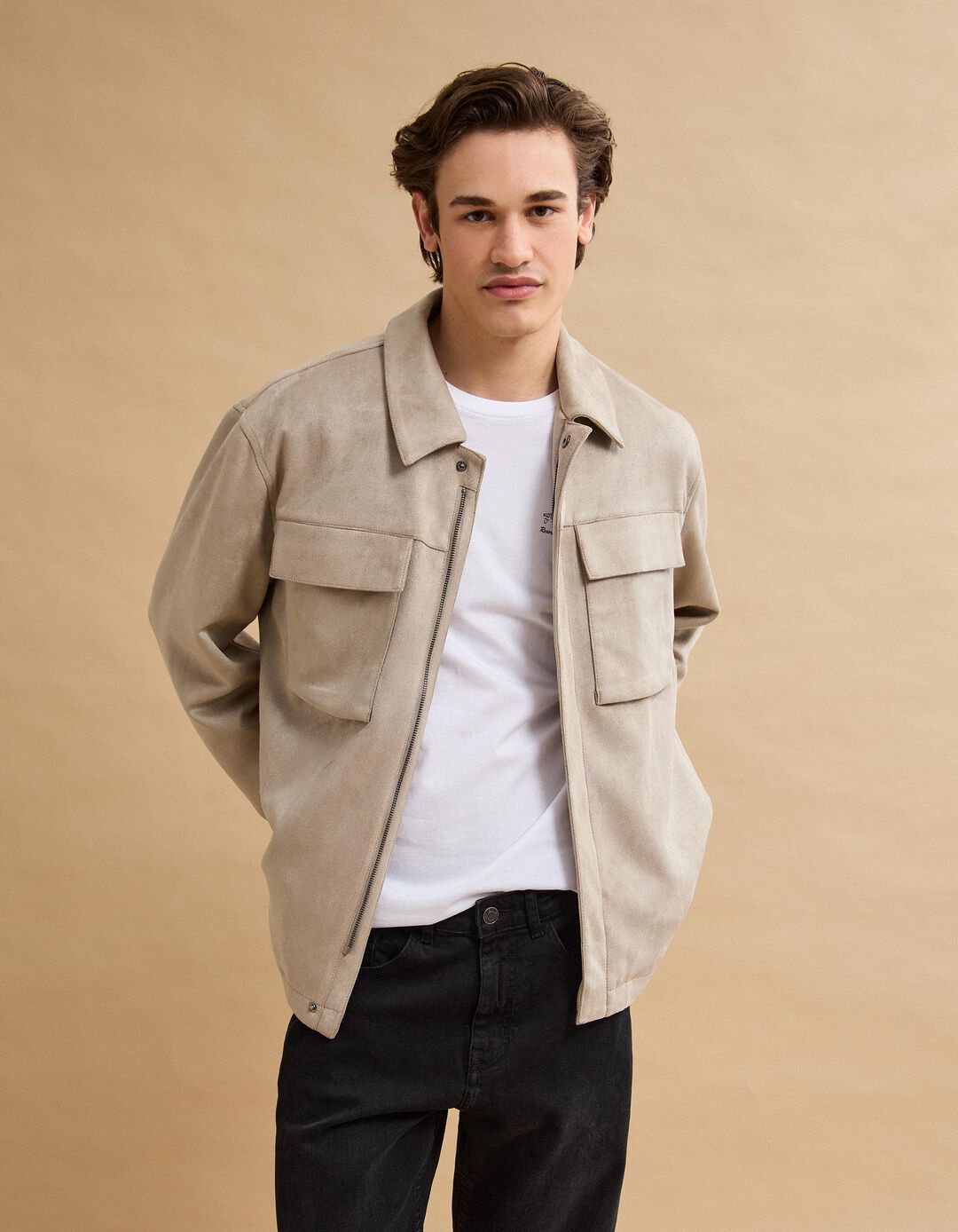 Sobrecamisa Efeito Camur&ccedil;a, Homem, Bege