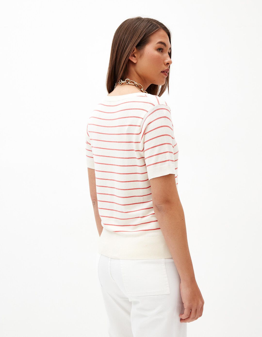 T-shirt de Malha Riscas, Mulher, Bege 