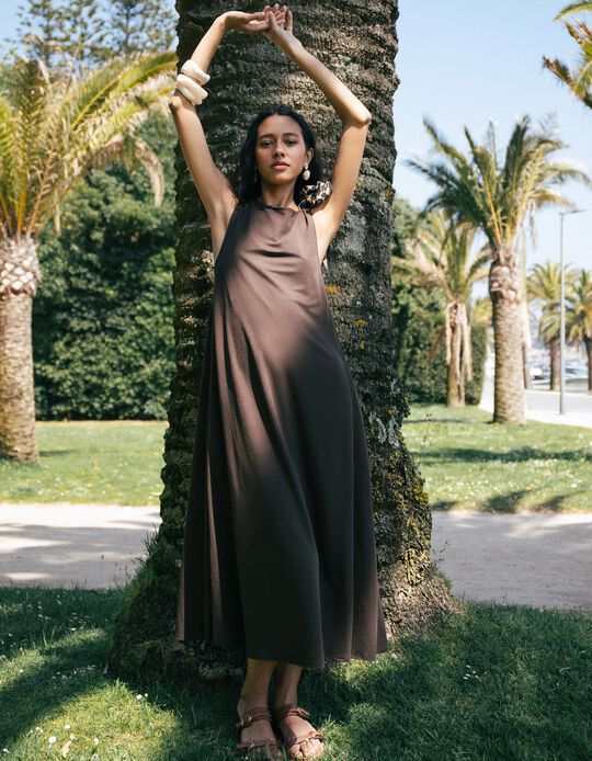 Comprar Online Vestido Comprido Fluido, Mulher, Castanho Escuro