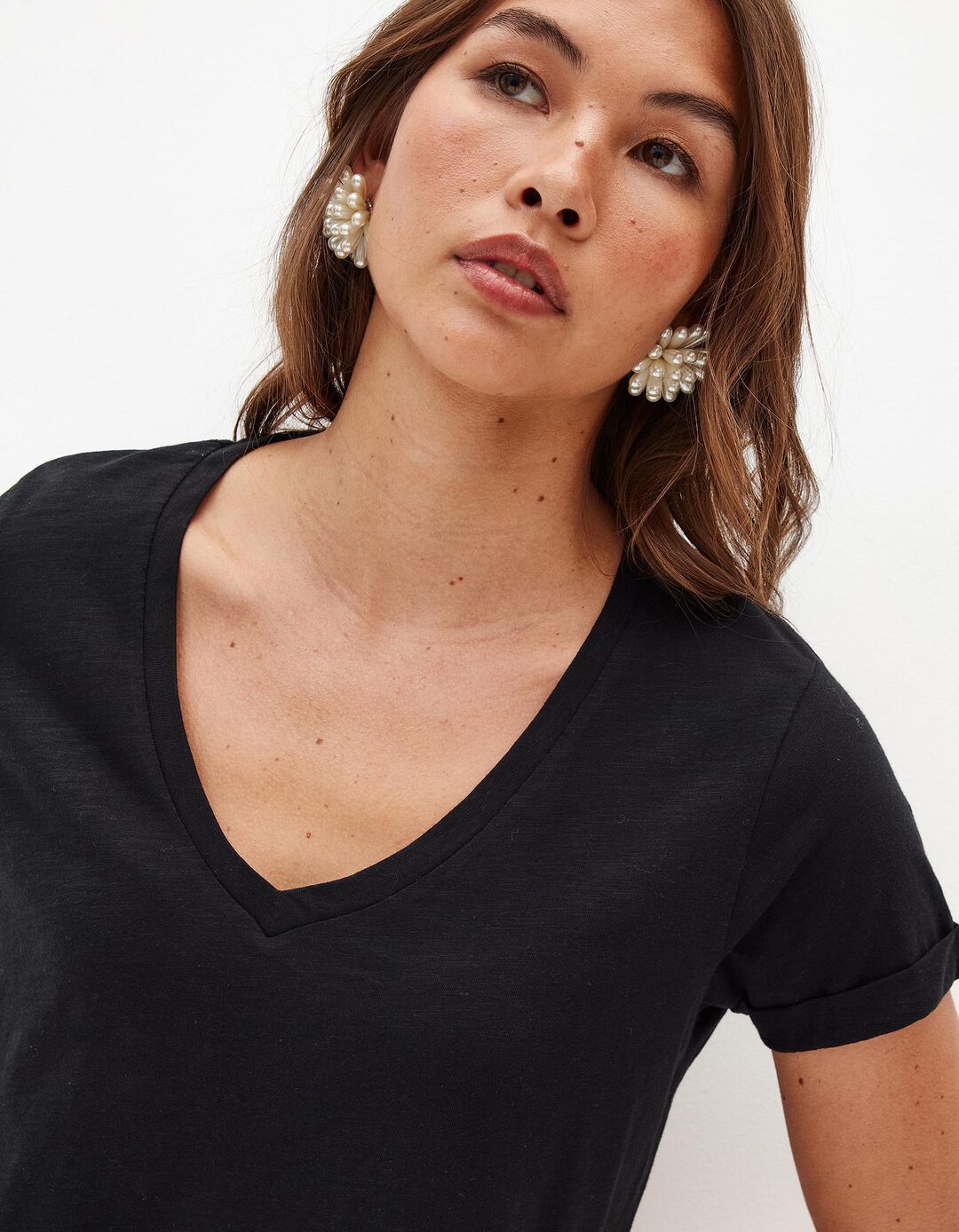 T-shirt Decote em V, Mulher, Preto