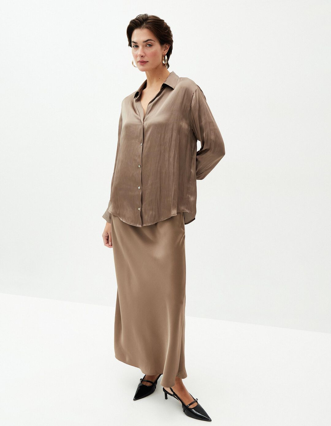 Camisa Acetinado, Mulher, Bege Escuro 