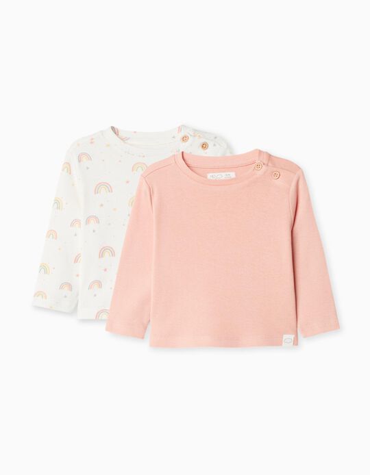 Comprar Online Pack 2 T-shirts de Manga Comprida, Recém-nascido, Rosa Claro/Branco
