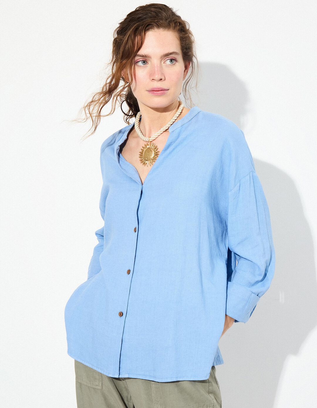 Blusa com Linho, Mulher, Azul