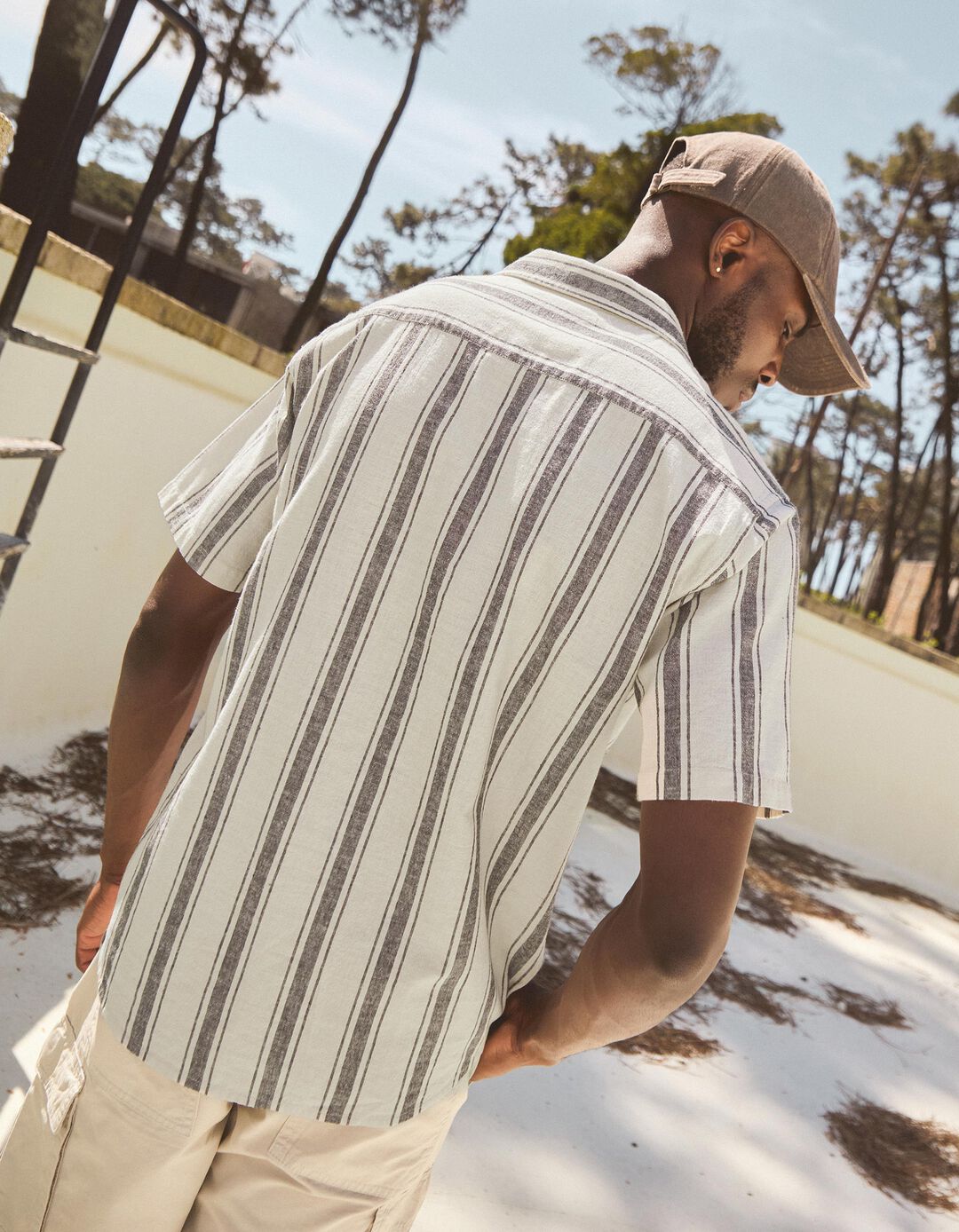 Camisa de Riscas com Linho, Homem, Azul Escuro