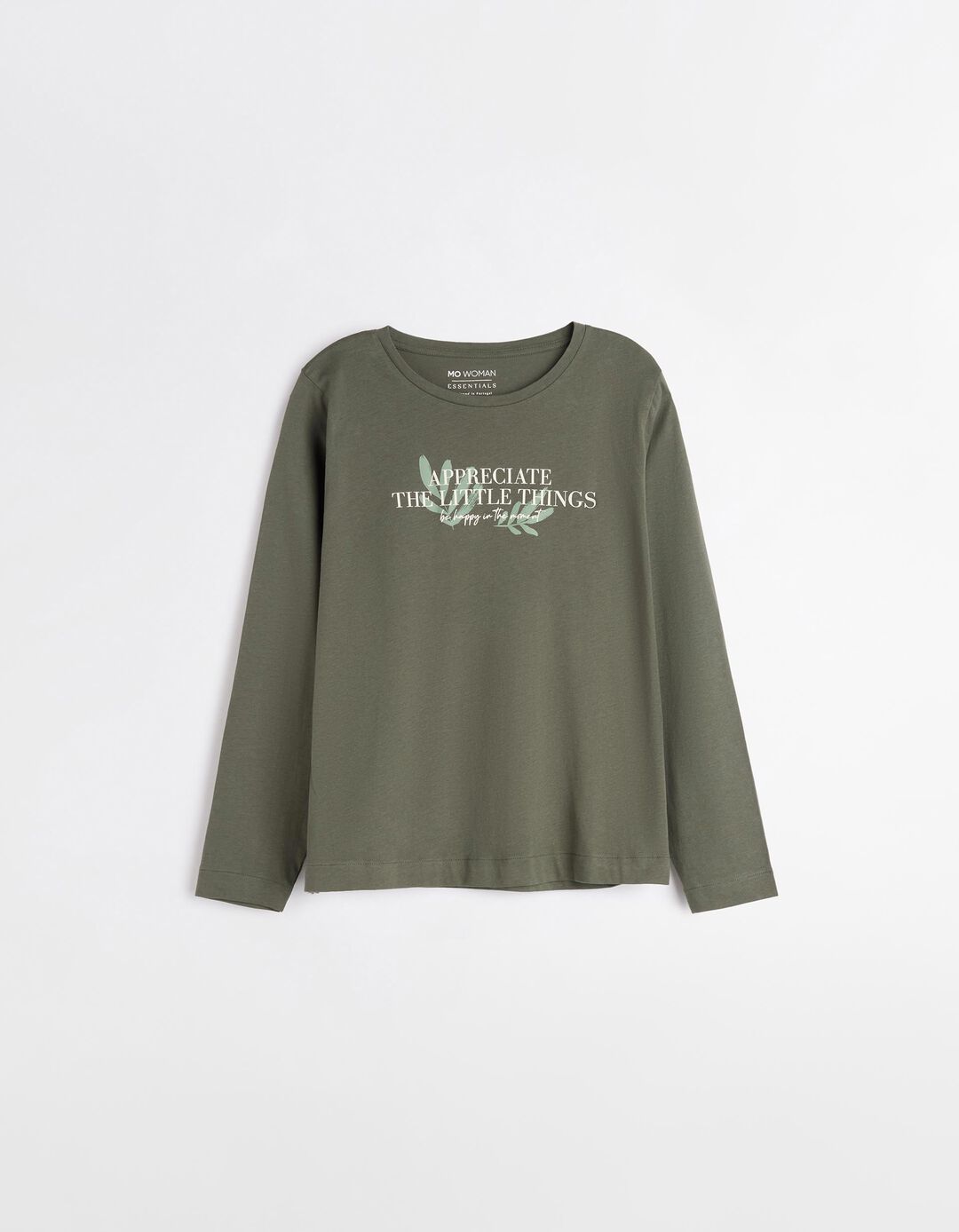 T-shirt de Manga Comprida Estampado, Mulher, Verde Escuro