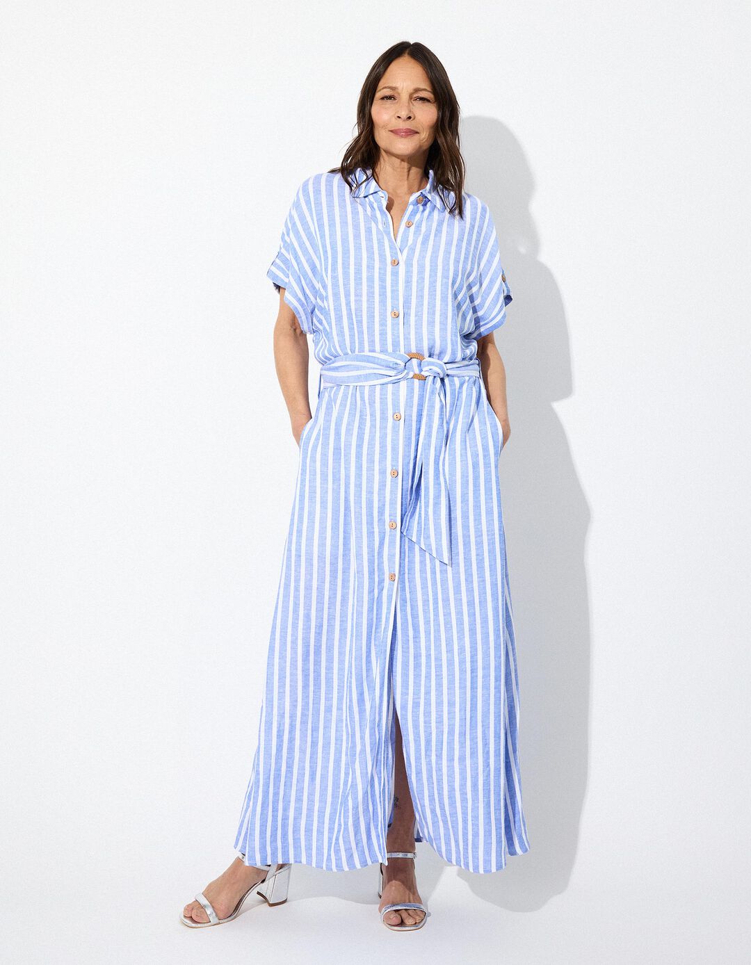 Vestido de Riscas com Linho, Mulher, Branco 