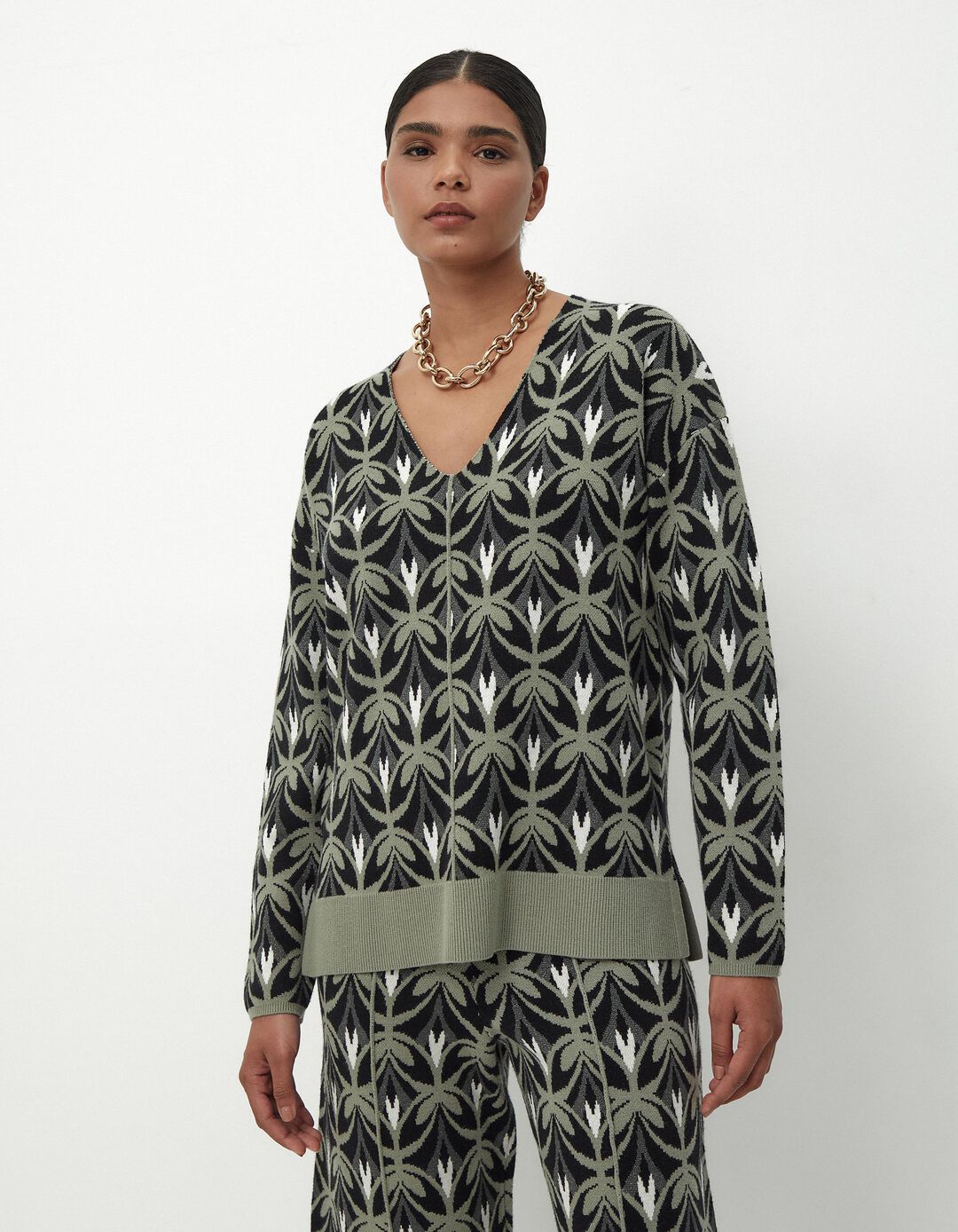 Camisola Malha Jacquard Estampada Decote em V, Mulher, Multicor