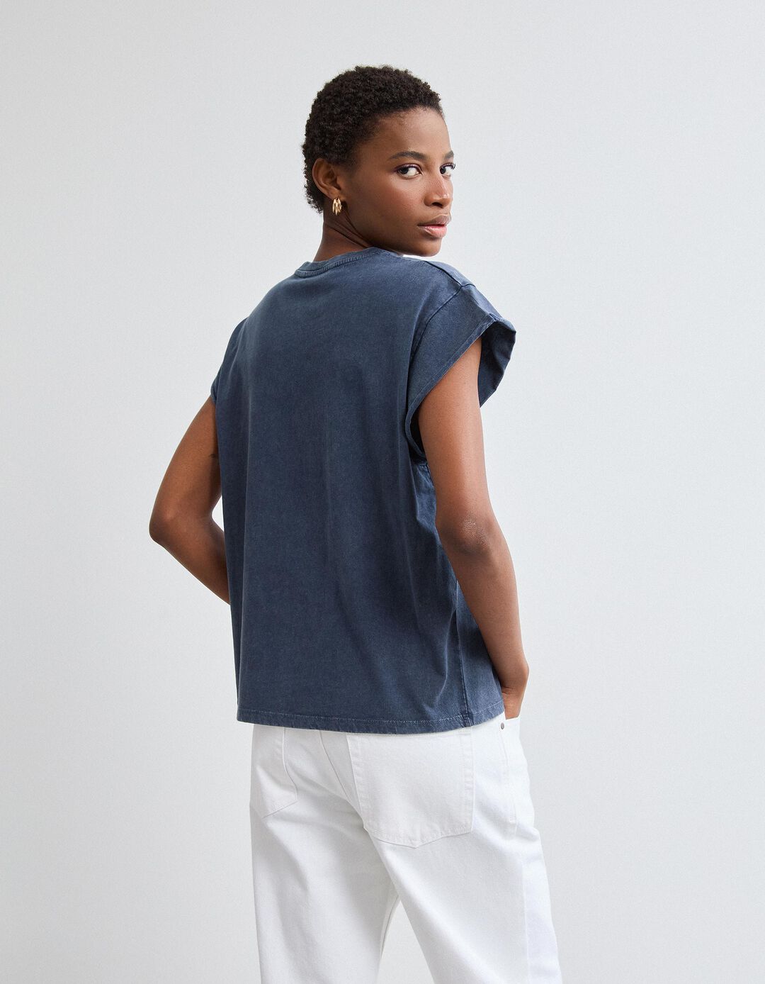 T-shirt Bordado, Mulher, Azul Escuro