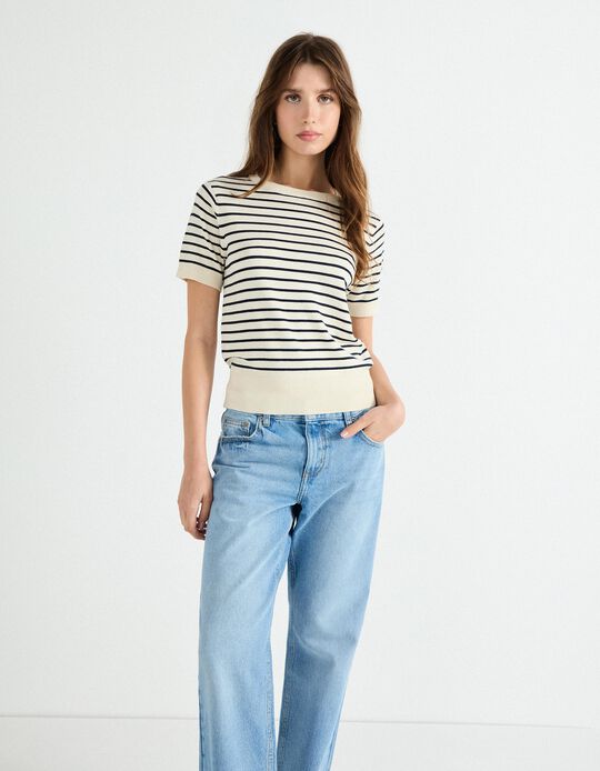 Comprar Online Camisola de Malha às Riscas, Mulher, Bege 