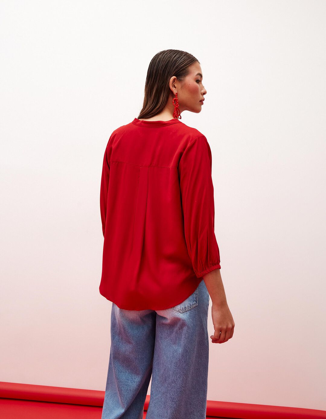 Blusa Decote em V, Mulher, Vermelho Escuro