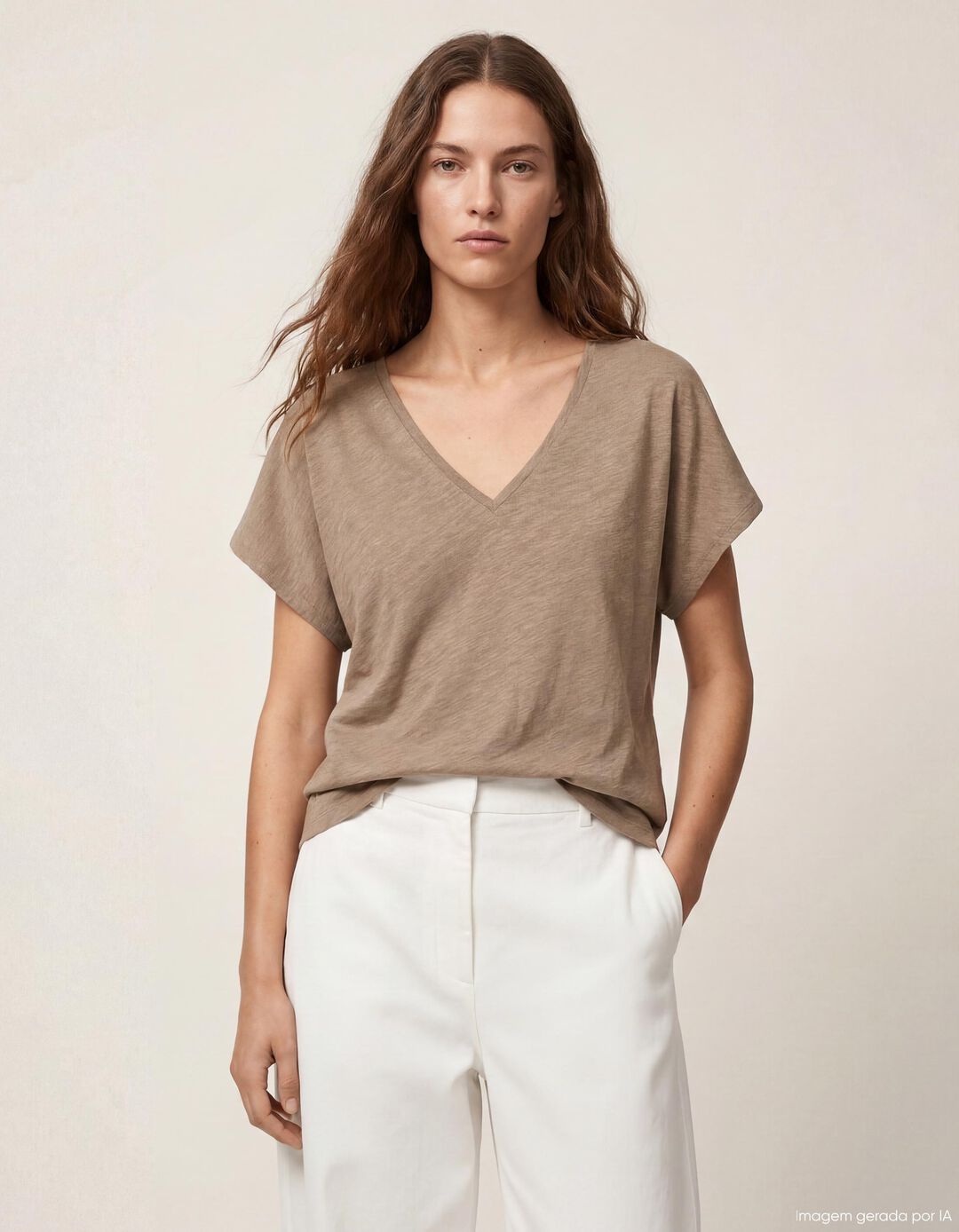 T-shirt Decote em V, Mulher, Bege Escuro