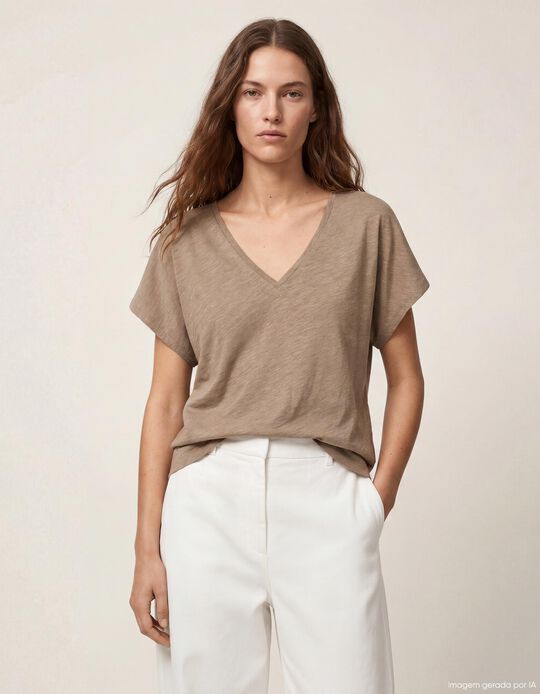 Comprar Online T-shirt Decote em V, Mulher, Bege Escuro