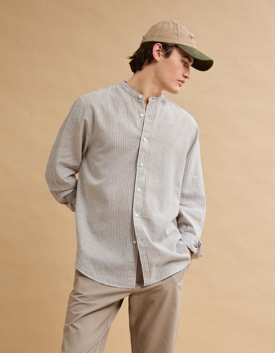Camisa com Linho, Homem, Bege