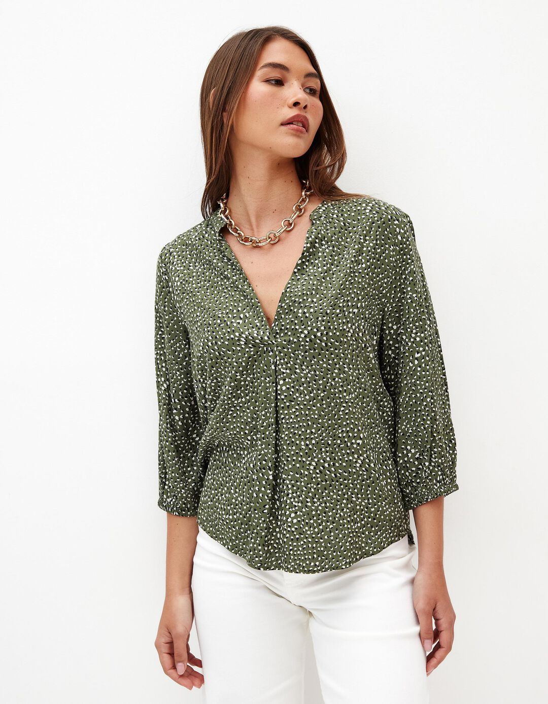 Blusa Estampada Decote em V, Mulher, Verde