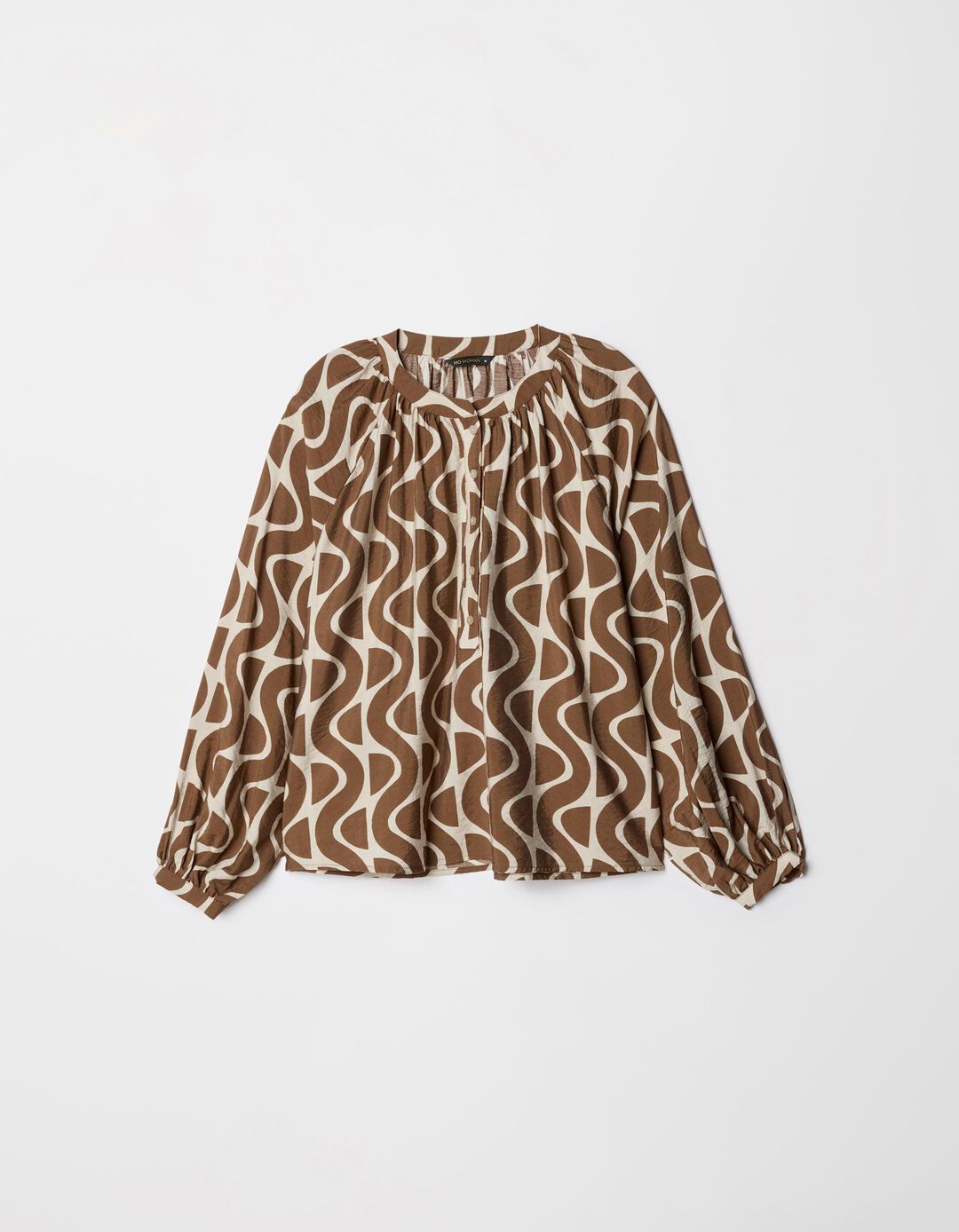 Blusa de Manga Comprida Estampada Botões, Mulher, Castanho Claro
