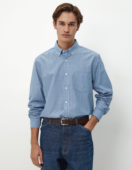 Comprar Online Camisa de Manga Comprida Popelina Riscas, Homem, Azul Claro