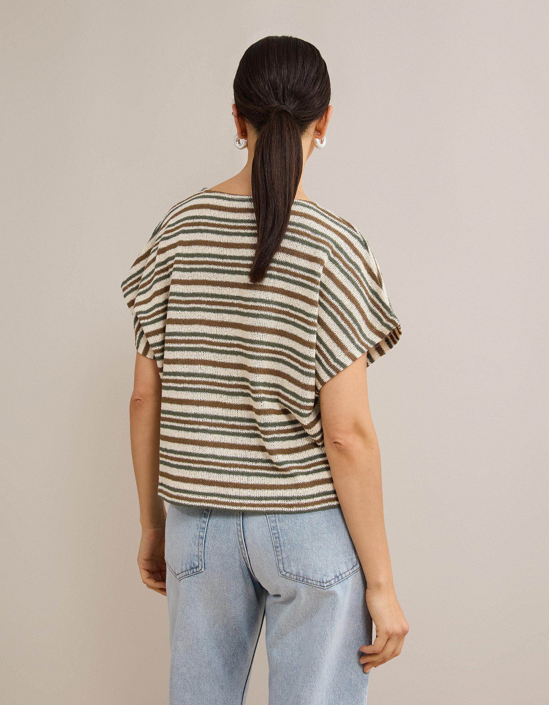 Comprar Online T-shirt &Agrave;s Riscas Em Malha R&uacute;stica, Mulher, Castanho