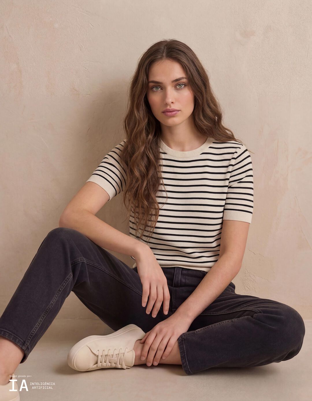 Camisola de Malha Riscas, Mulher, Cru