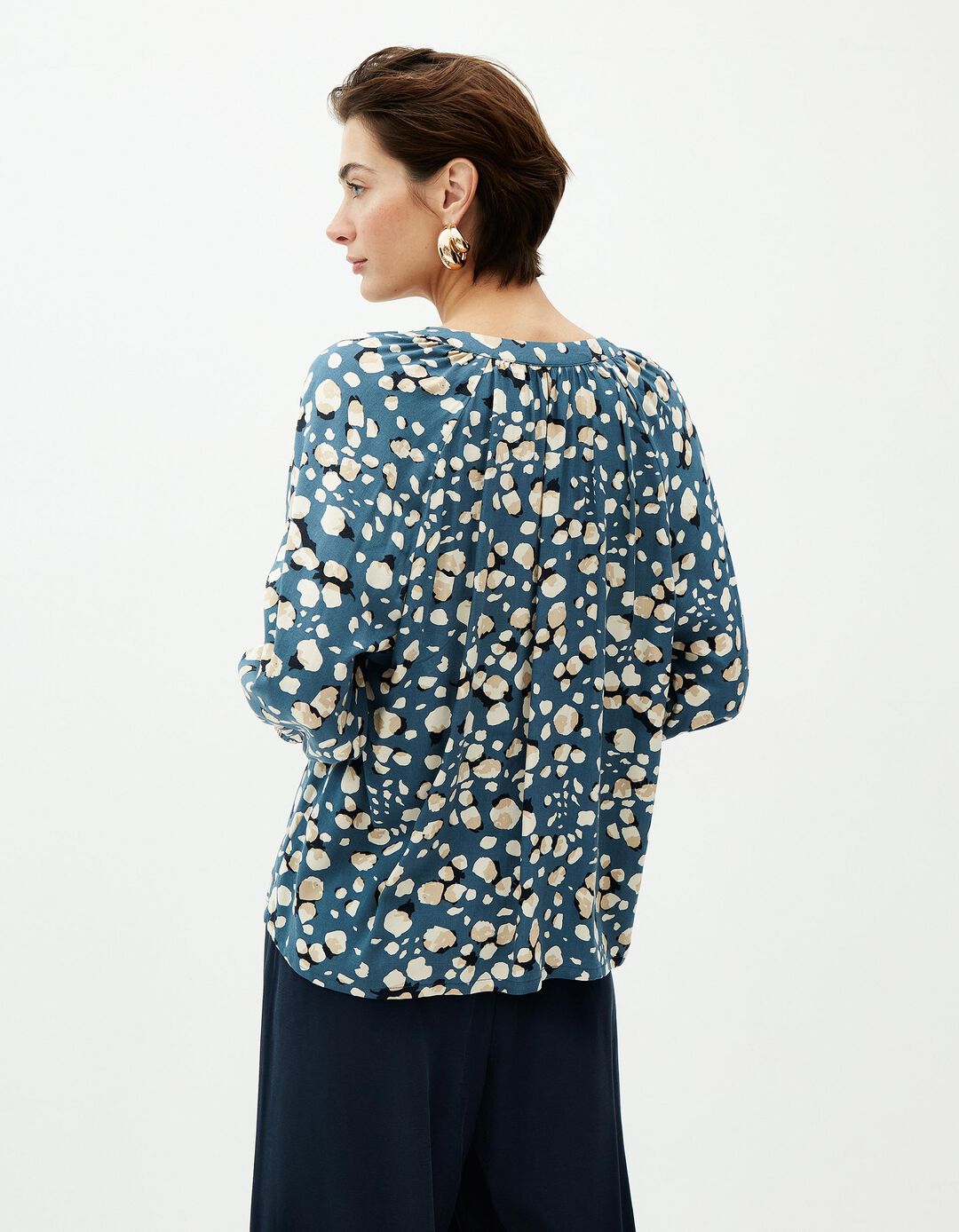 Blusa Estampada Decote em V, Mulher, Azul