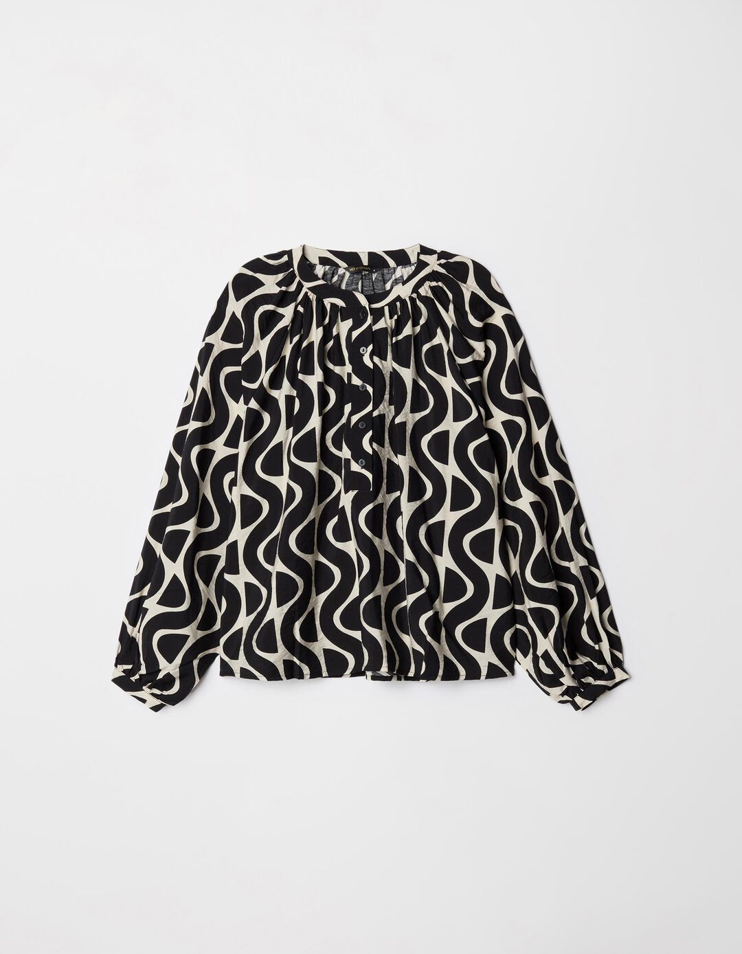 Blusa de Manga Comprida Estampada Botões, Mulher, Preto