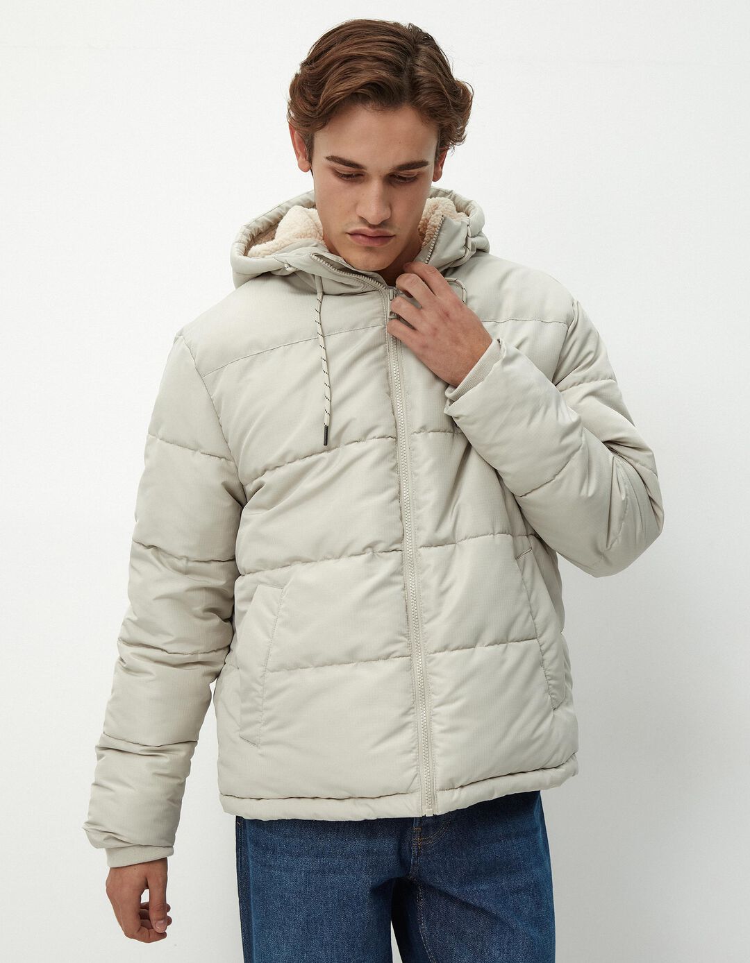 Casaco Acolchoado Capuz Interior Sherpa, Homem, Bege Claro